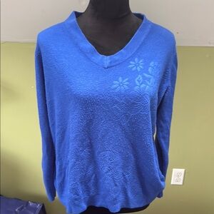 Eddie Bauer Blue V-Neck Sweater with Snowflake Detail